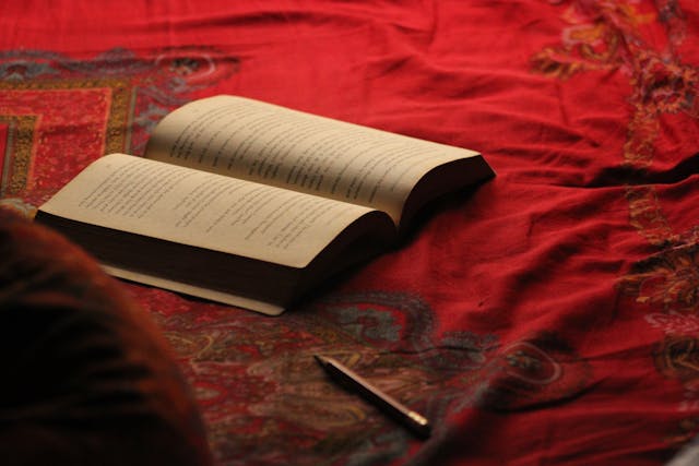 aufgeschlagenes Buch auf rotem Untergrund